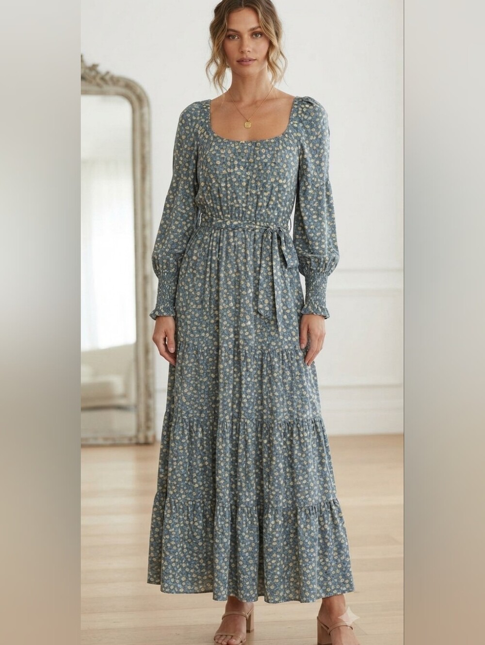 In Loom Floral Boho Style Maxi Dress Long Sleeve Tiered Size Large